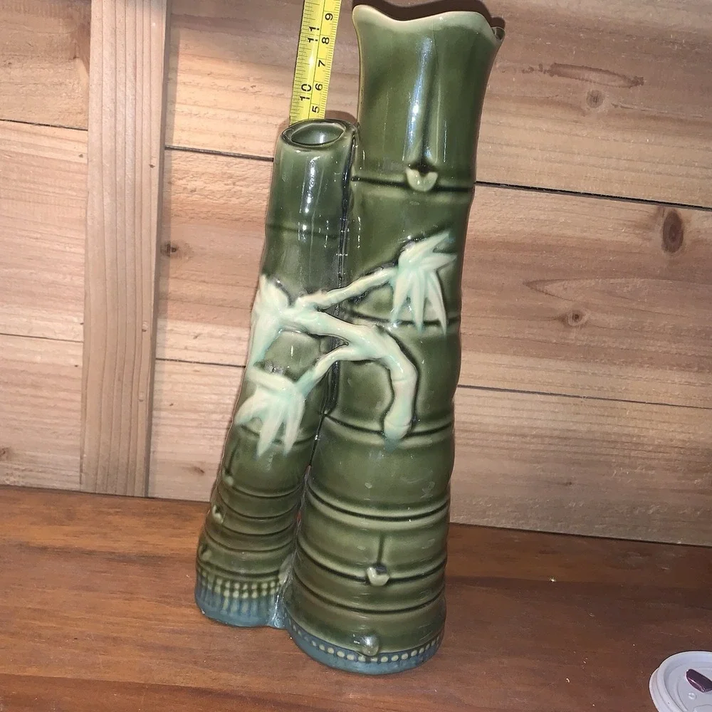 Vintage Majolica Vase Green Double Bamboo Stalks Planter Tiki Asian Ceramic EUC